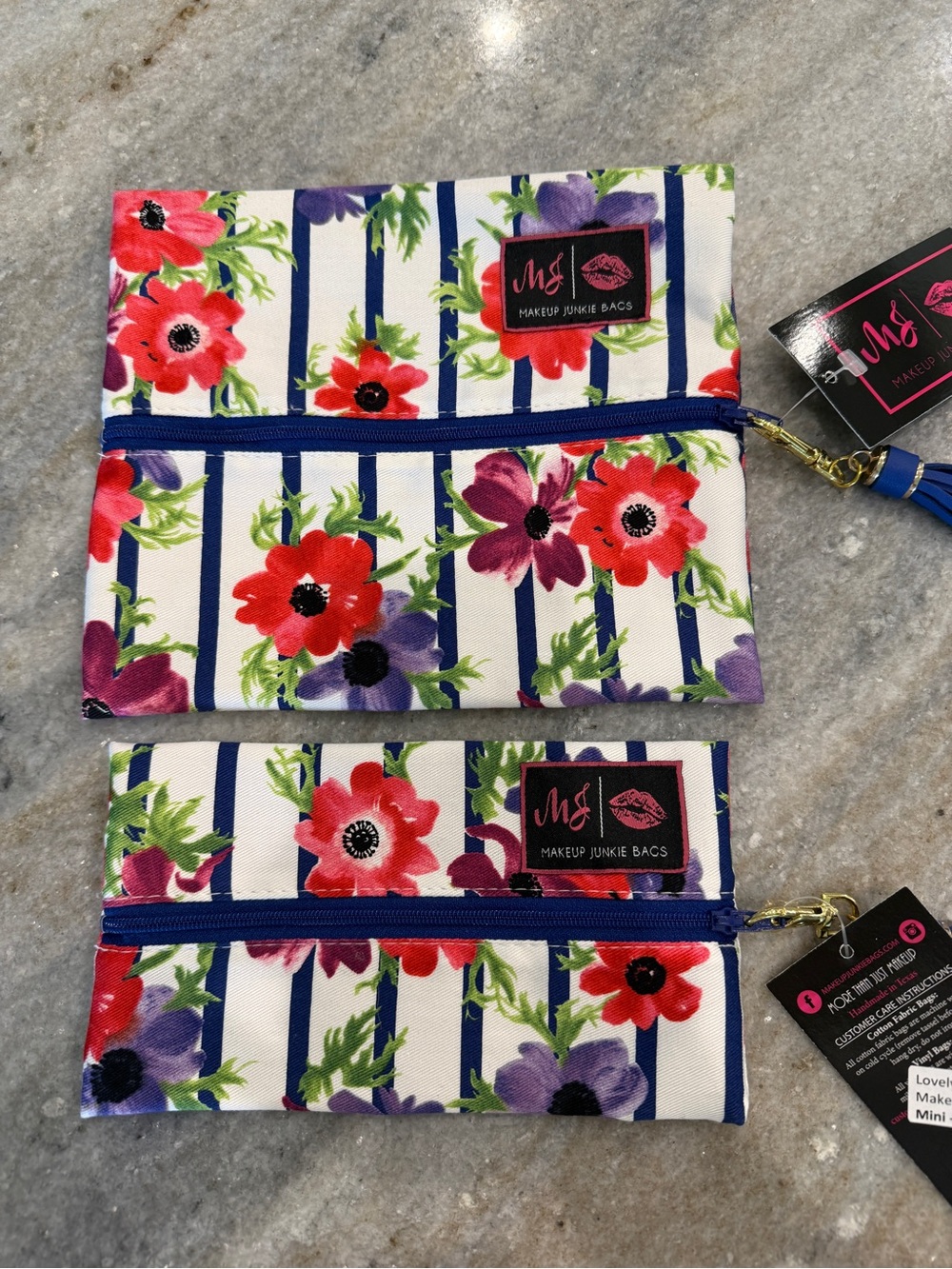 Makeup Junkie Bags Floral Stripe Cosmetic Pouch in Navy & Red